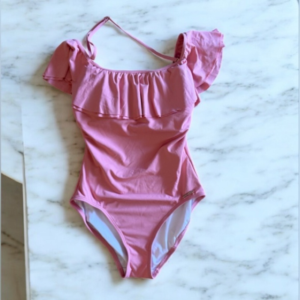 Michael Kors Pink Ruffle Swimsuit Built in Shelf Bra Padded Cups Off Shoulder 6
